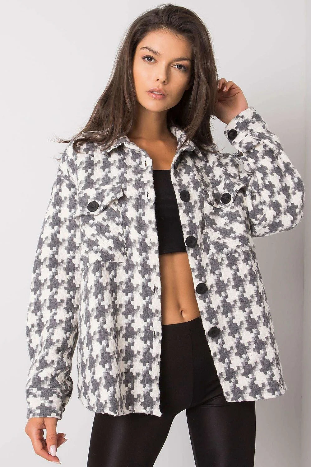 Veste femme laine mélangée pied-de-poule élégante moderne ample manches longues tendance intemporelle automne