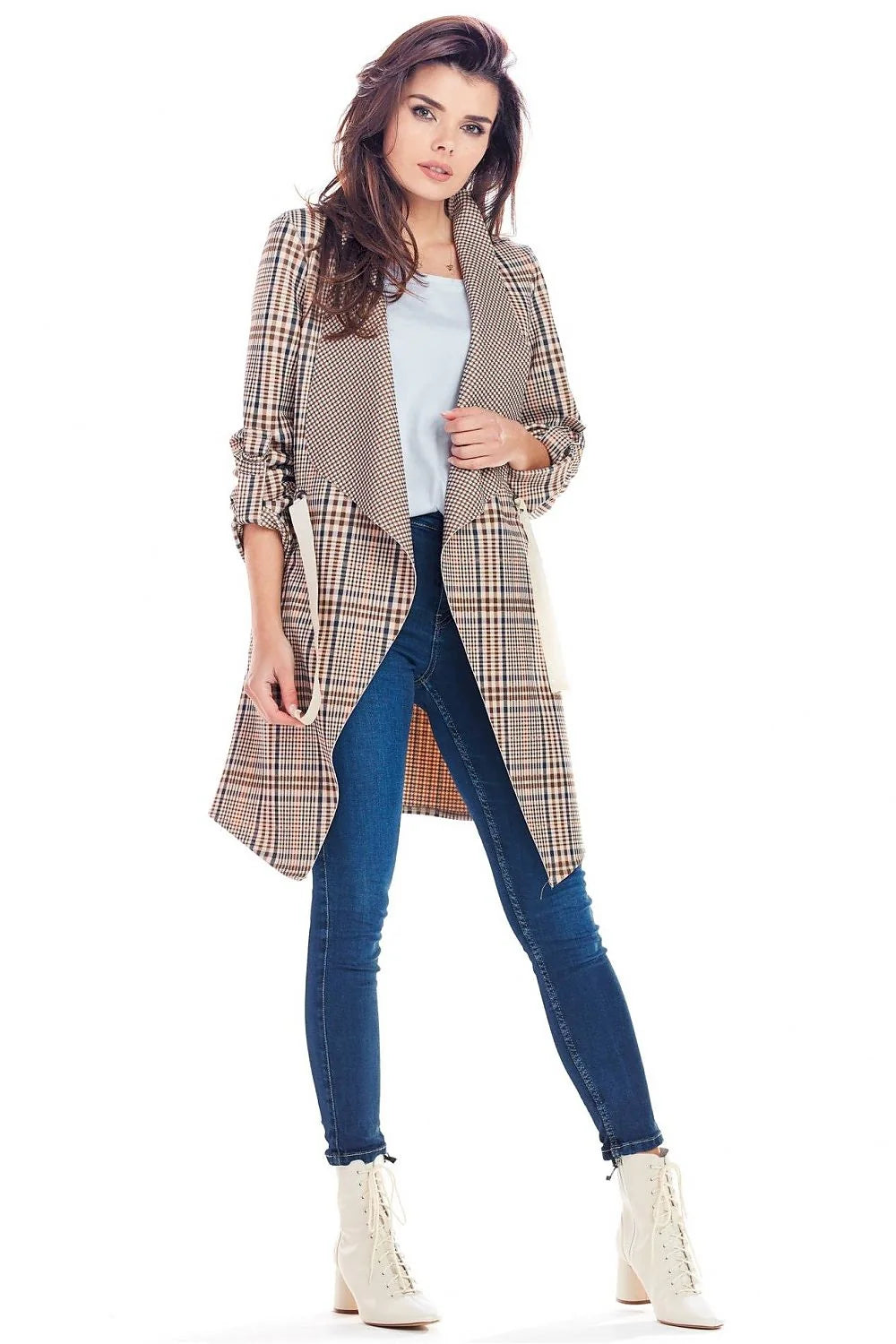 Blazer femme polyester chic moderne à carreaux noir blanc orange ceinture tendance élégant automne