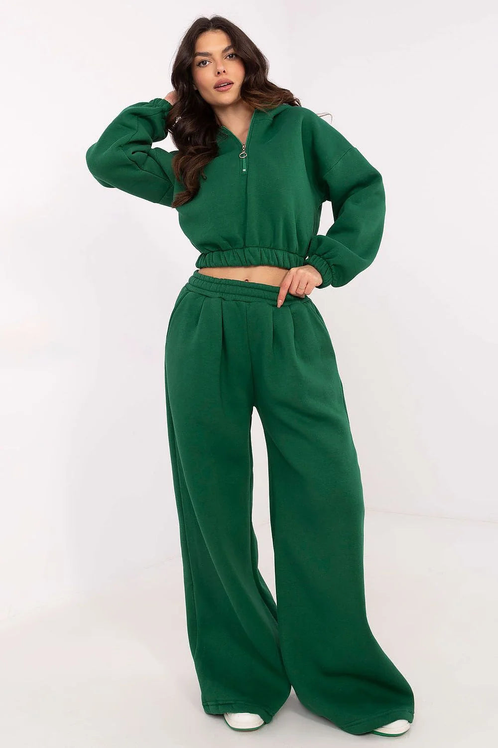 Ensemble de survêtement pour femme en vert profond, coupe ample, fermeture éclair, pantalon taille haute