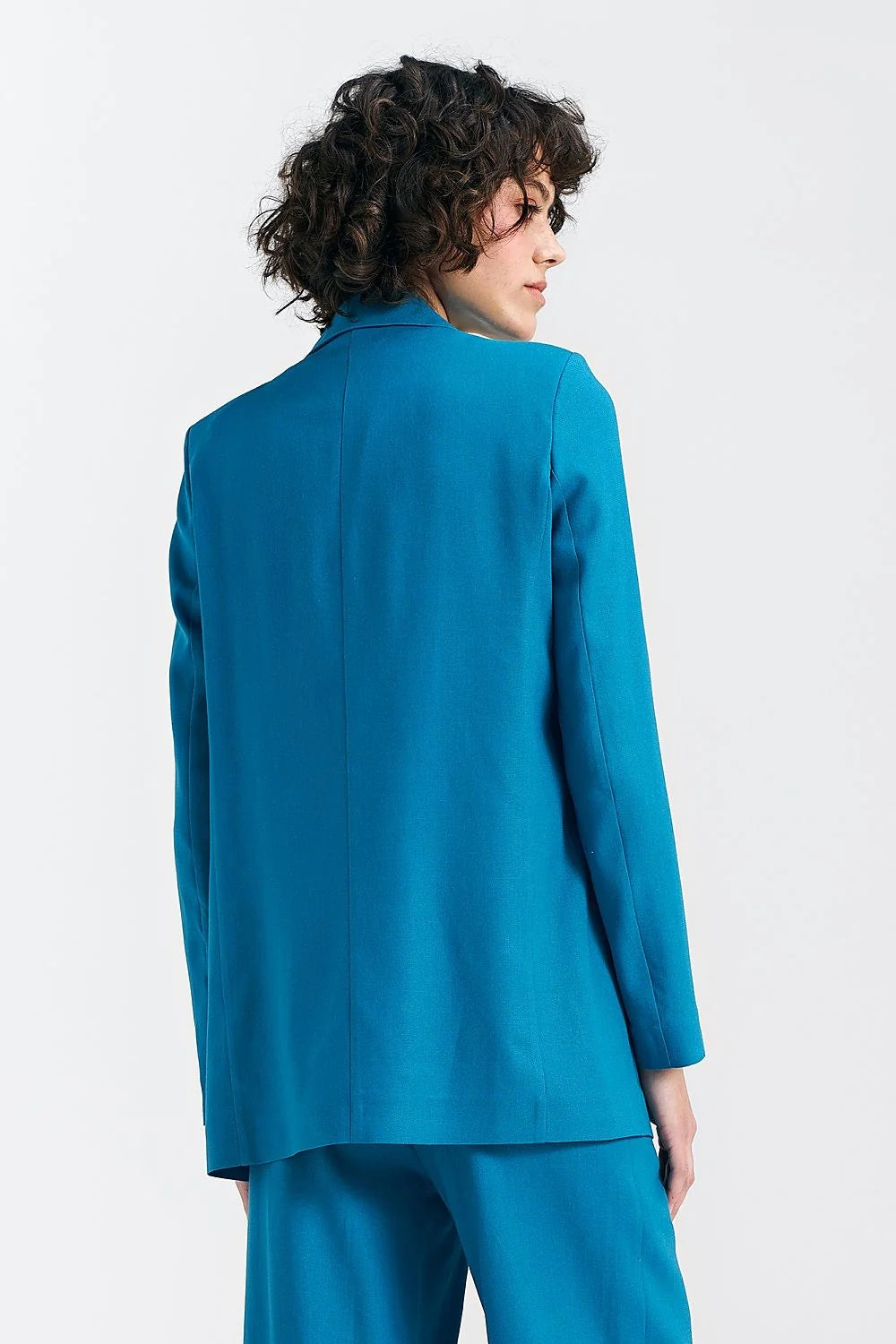 Veste pour femme classique structurée bleu vibrant deux pièces pantalon tailleur haut vert clair matière haute qualité occasion professionnelle