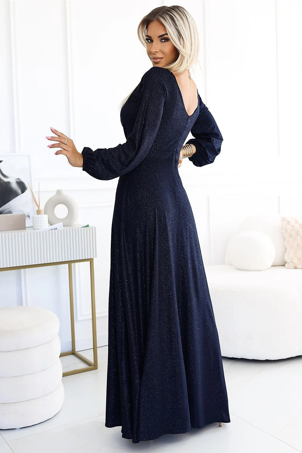 Robe longue élégante pour femme en tissu scintillant bleu nuit fente haute manches longues coupe ajustée occasion spéciale