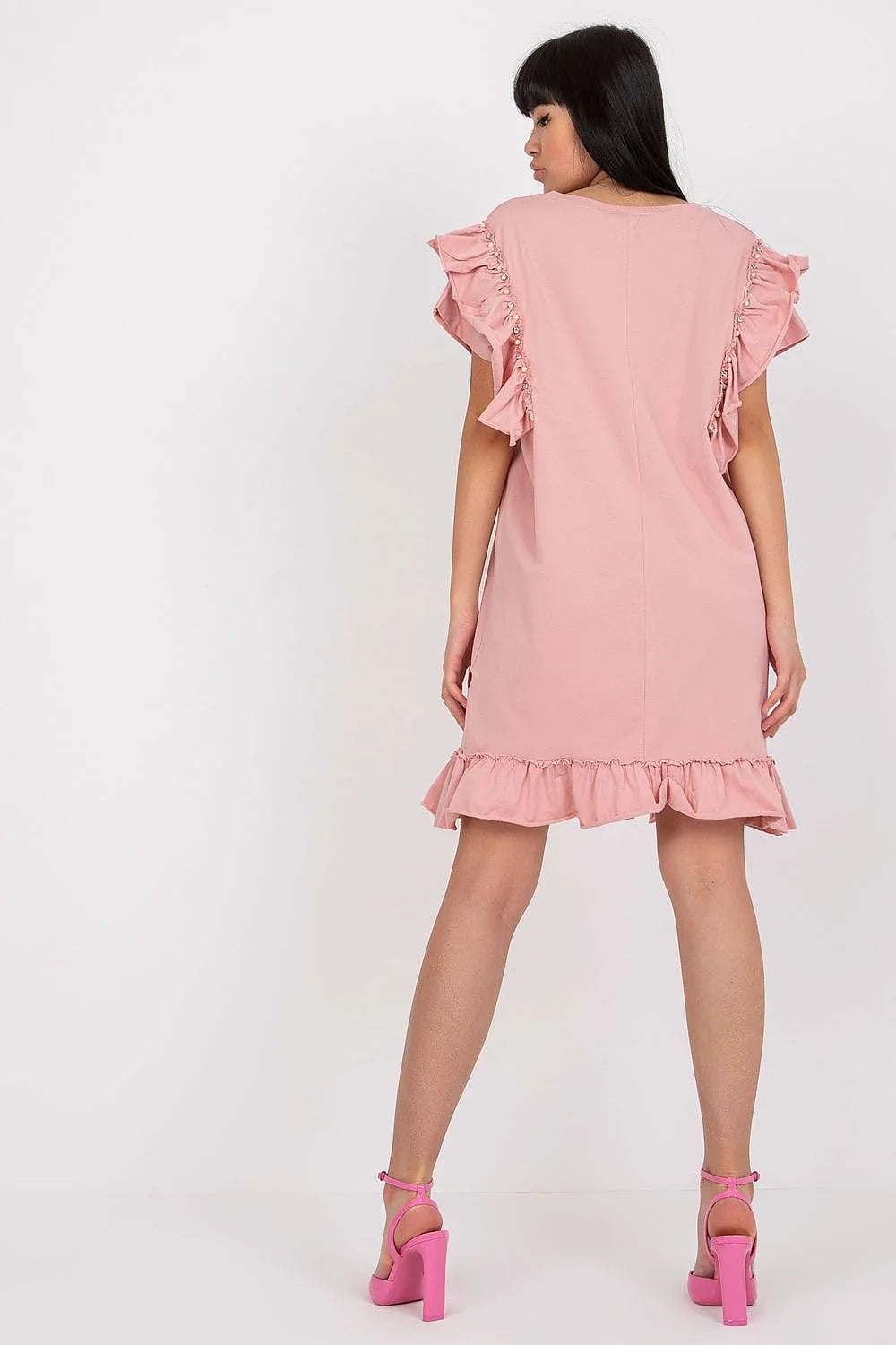 robe estivale corail légère fluide coton viscose col rond coupe droite manches courtes volants perles ourlet volanté féminine chic confortable