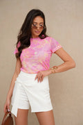 Chemisier La Balancia en tulle manches courtes imprimé floral rose jaune ajusté féminin élégant occasion spéciale