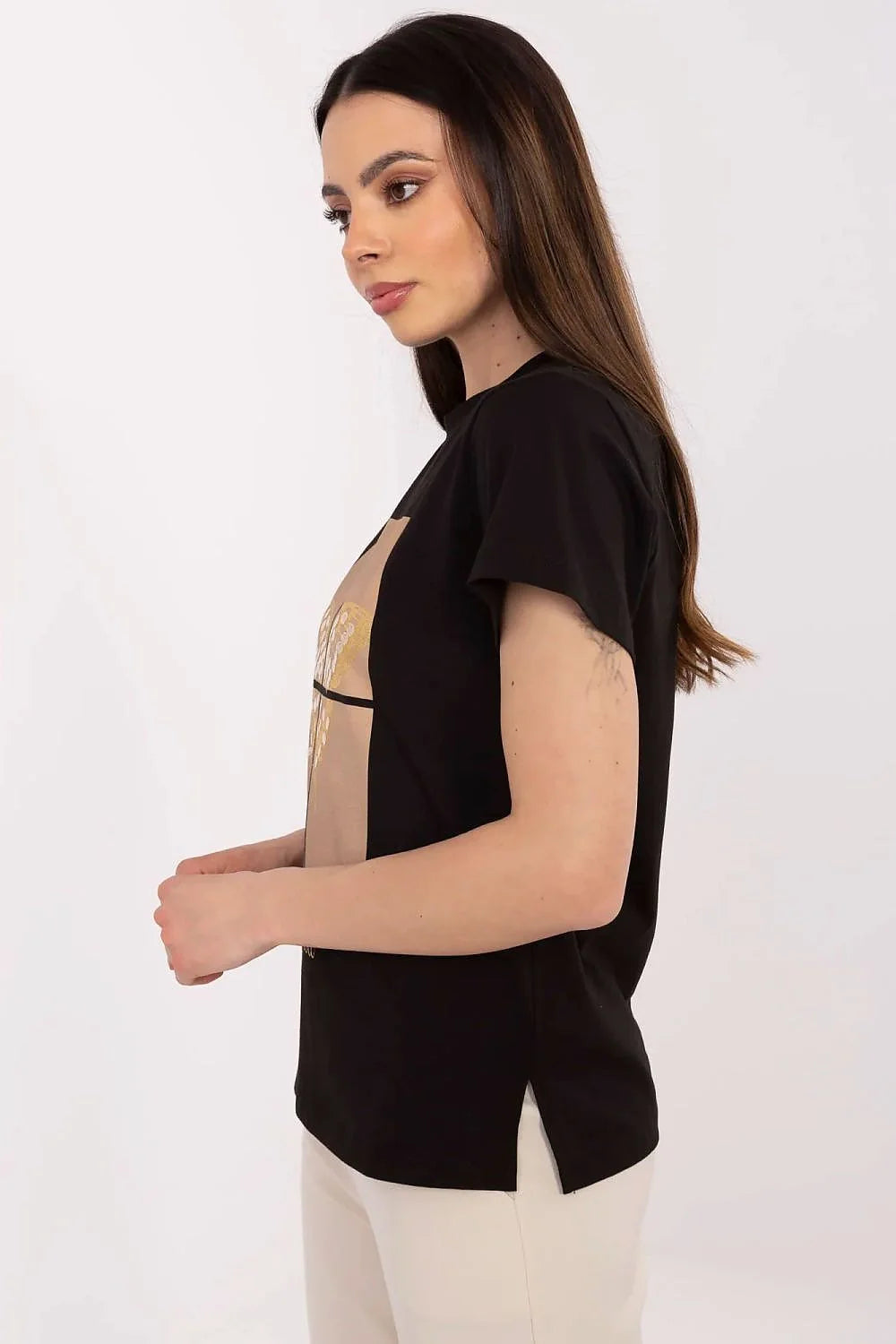 T-shirt femme design artistique papillon doré style casual manches courtes col rond coton élasthanne noir finition métallique