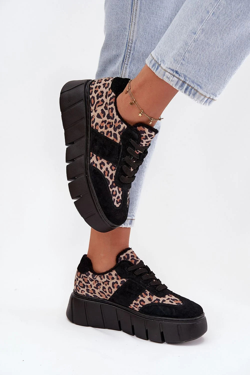 Vinceza sneakers femme plateforme massive suédine daim naturel lacets réglables doublure fourrure motif léopard semelle crantée antidérapante maintien col rembourré