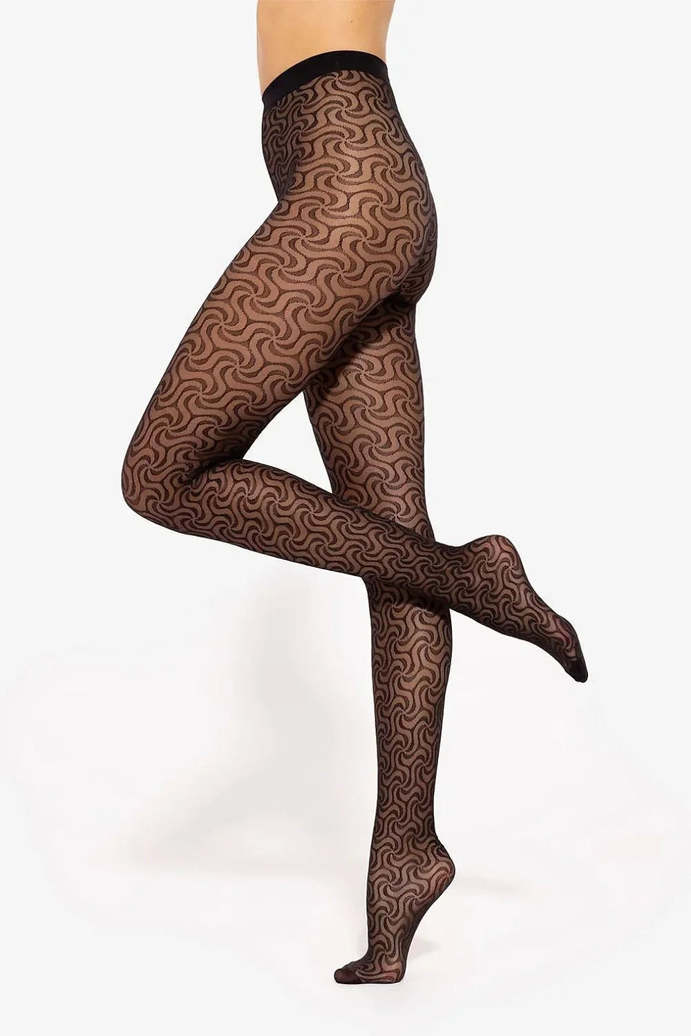 collants résille transparents noirs motif mosaïque géométrique tourbillonnant silhouette taille haute ceinture élastique bout renforcés maille extensible maintien confort soirée