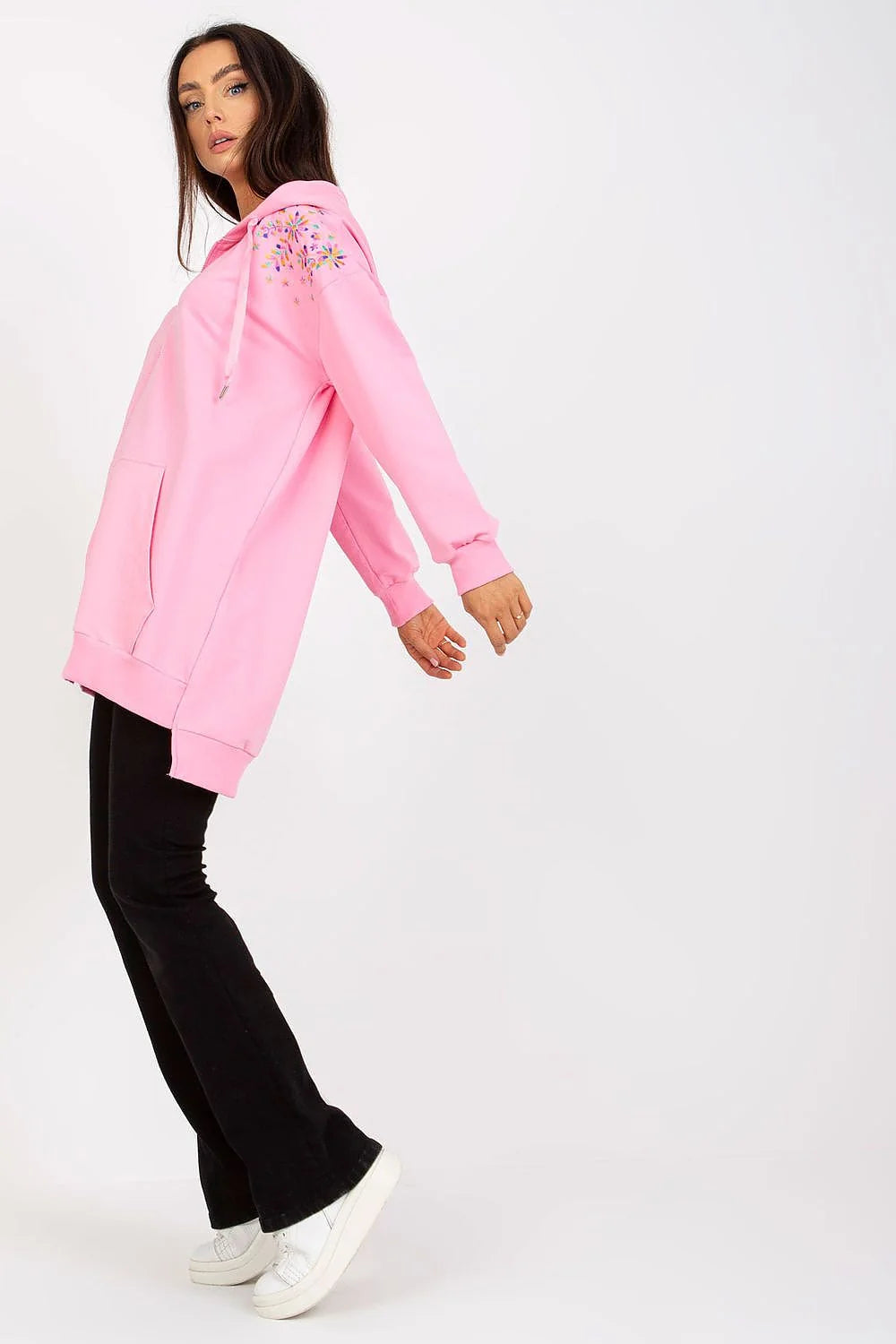 Sweatshirt Rue Paris femme capuche rose manches longues motifs floraux elasthanne viscose taille S M L XL