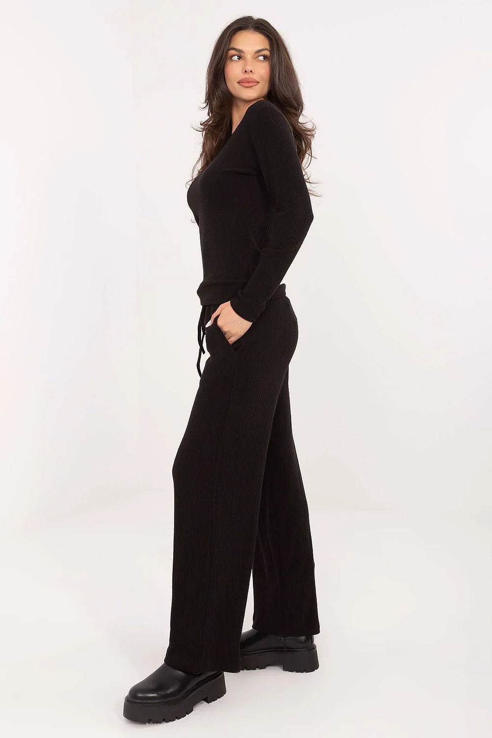 ensemble détente femme tricot côtelé noir colV manches longues pantalon taille élastique cordon ajusté extensible doux confortable polyvalent