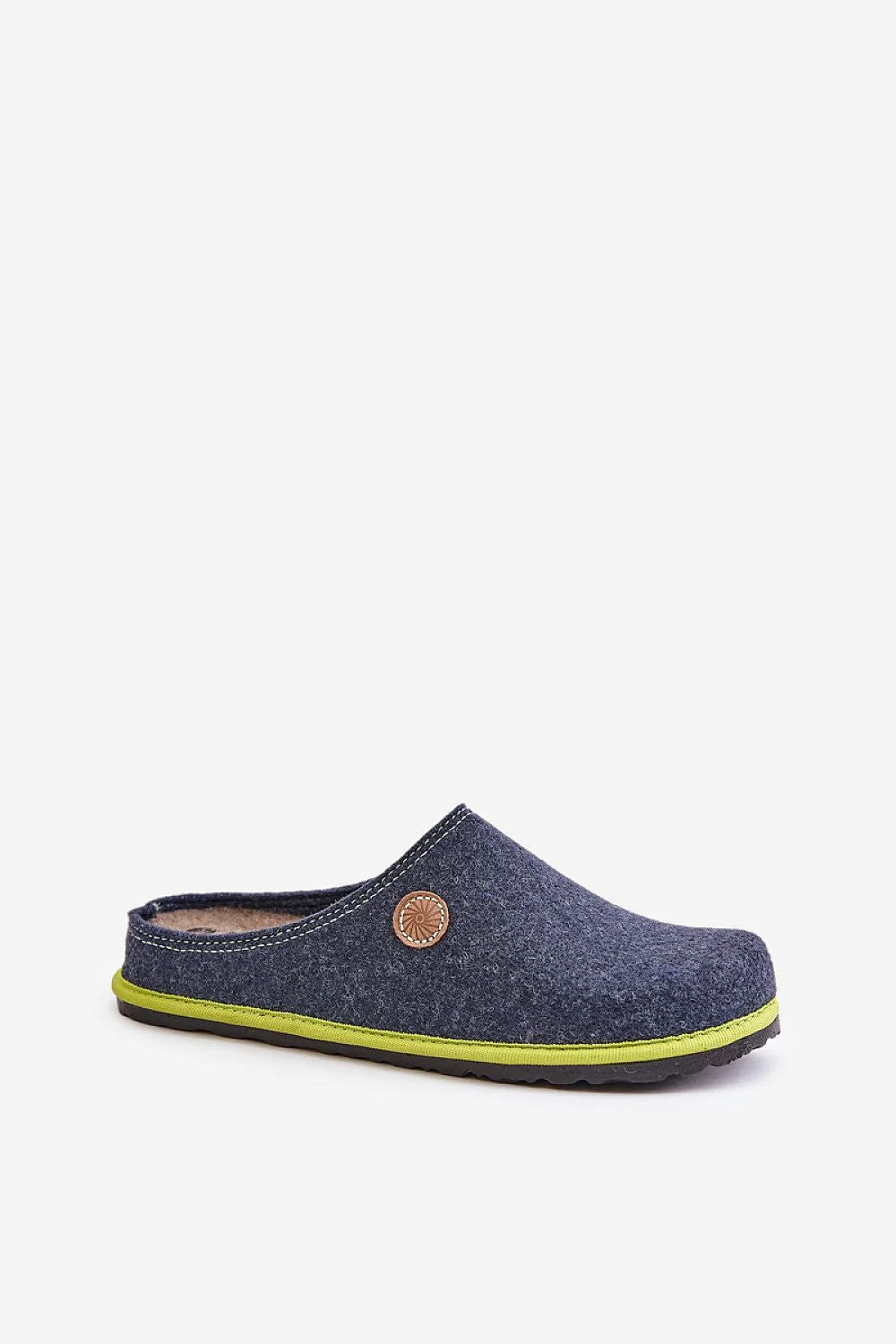 sabots femme confort anatomique semelle antidérapante feutre bleu marine liseré vert anis écoresponsable recyclé mules chaussons facile enfiler intérieur extérieur