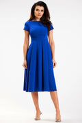 Robe de jour élégante manches courtes encolure bateau jupe midi plissée polyester élasthanne Pologne
