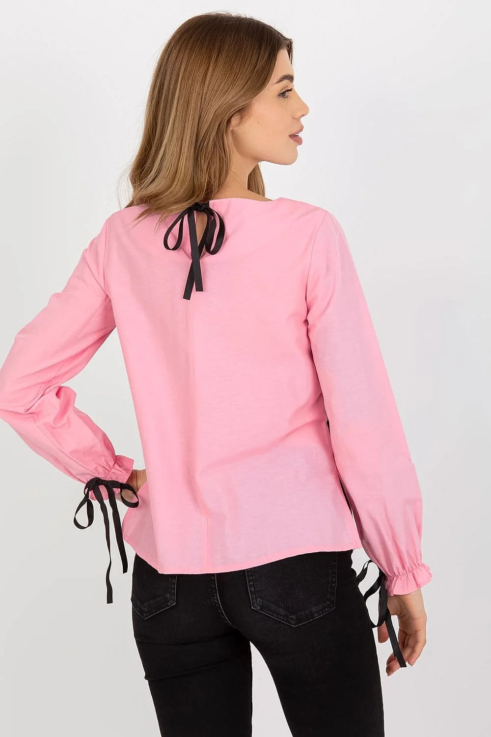 Chemisier Lakerta élégant pour femme manches longues dentelle noire rubans poignets tissu coton 100 % ajusté silhouette