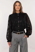 Chemise élégante pour femme manches longues style romantique broderie florale couleur noire tissu soyeux coupe semi-ajustée
