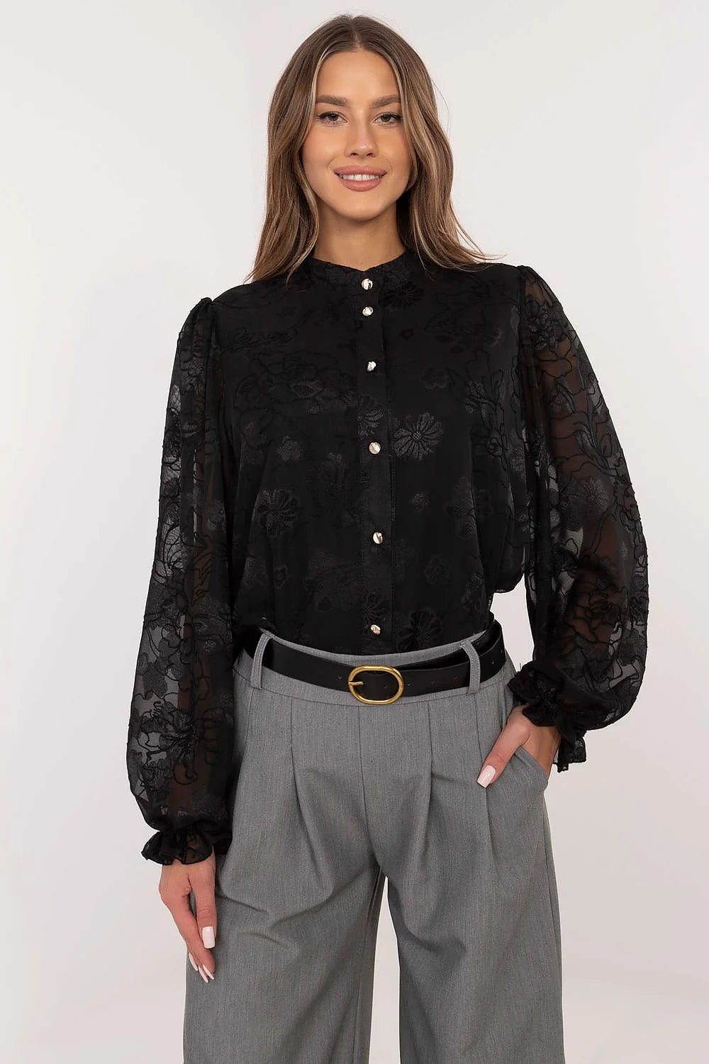 Chemise élégante pour femme manches longues style romantique broderie florale couleur noire tissu soyeux coupe semi-ajustée