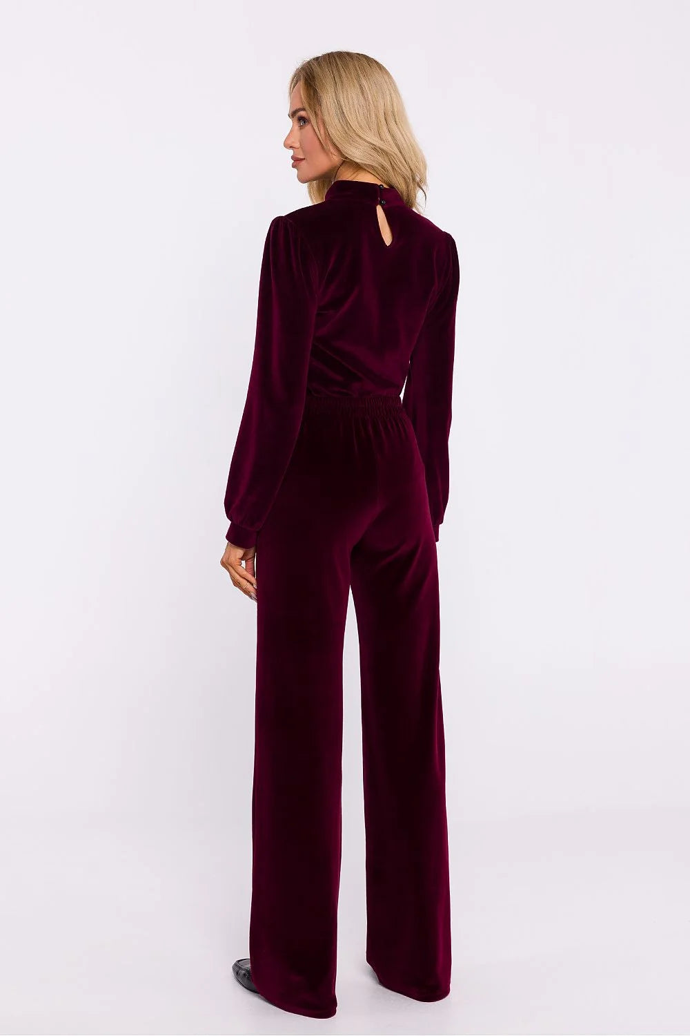 Ensemble chic et décontracté pour femme velours luxueux couleur bordeaux col choker manches longues élastiquées taille confortable