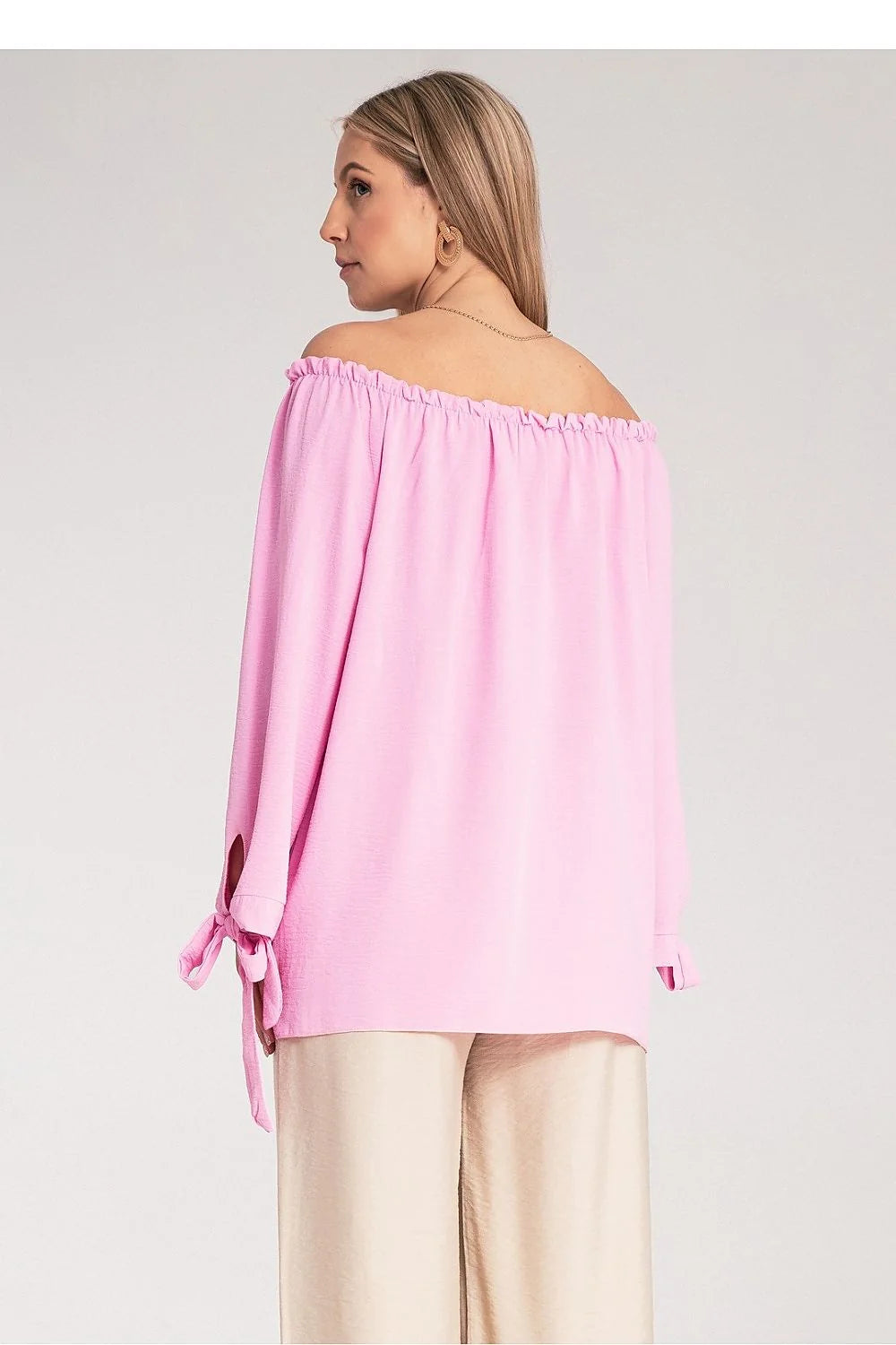 Chemisier féminin off-shoulder style bohème élégant longues manches nœuds décoratifs couleur rose pastel summer top