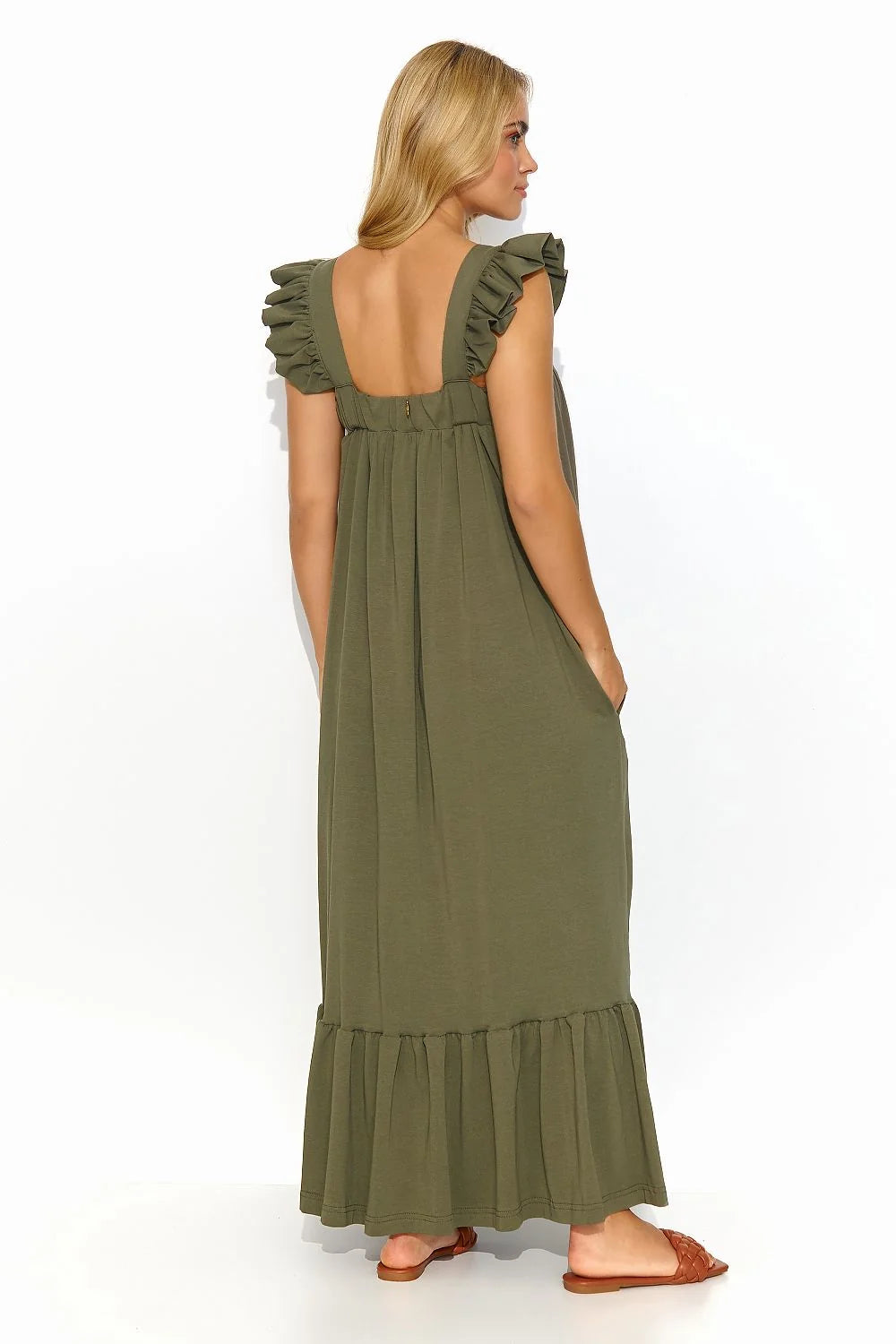 robe longue bohème chic olive kaki bretelles volantées encolure carrée coupe ample fluide fronces poitrine ourlet volants poches