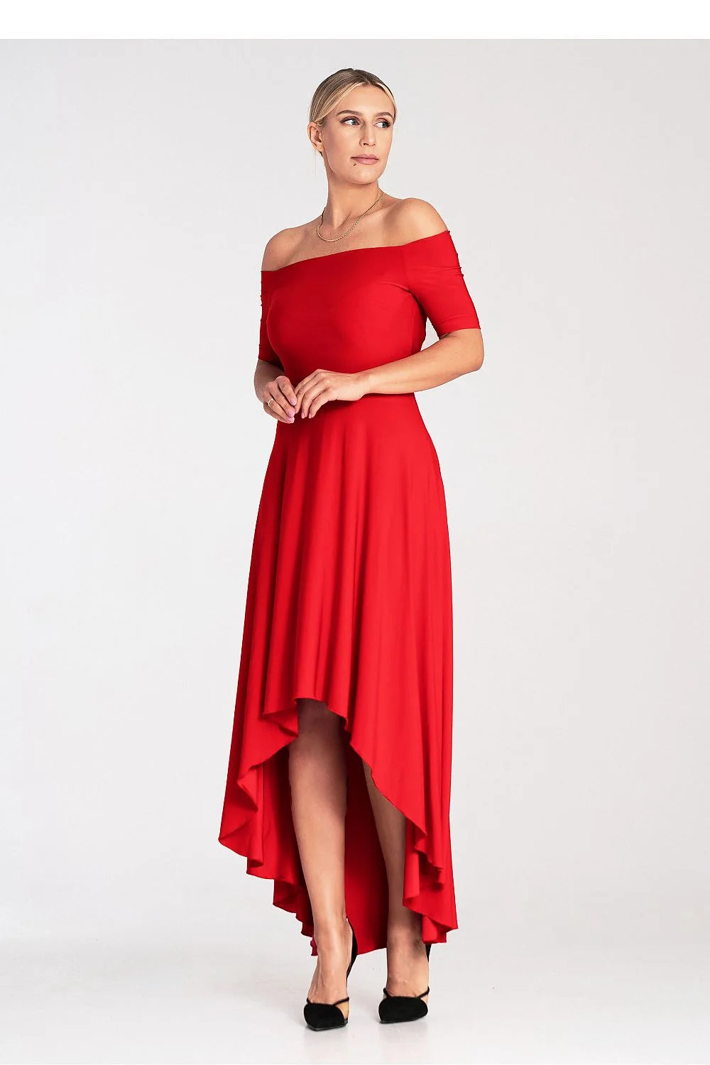 Robe de soirée élégante asymétrique sans épaules dos nu zippered maxi longueur genou évasée couleur rouge vif polyester elasthanne femme