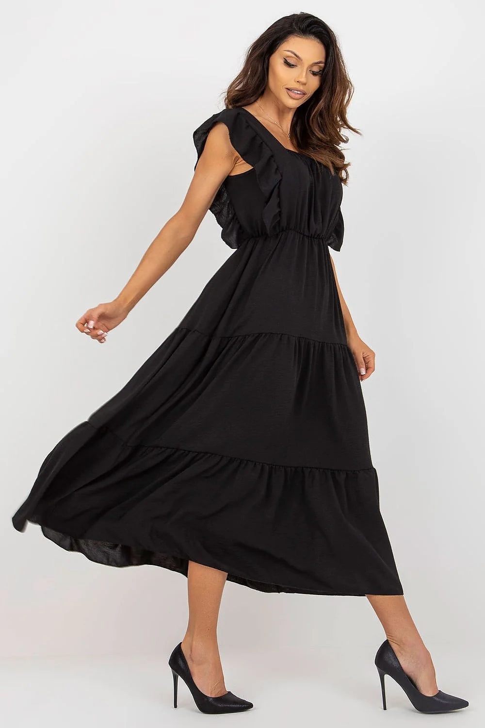 Robe de jour élégante longue sans manches encolure carrée volants modernes polyester elasthanne noire taille universelle femme