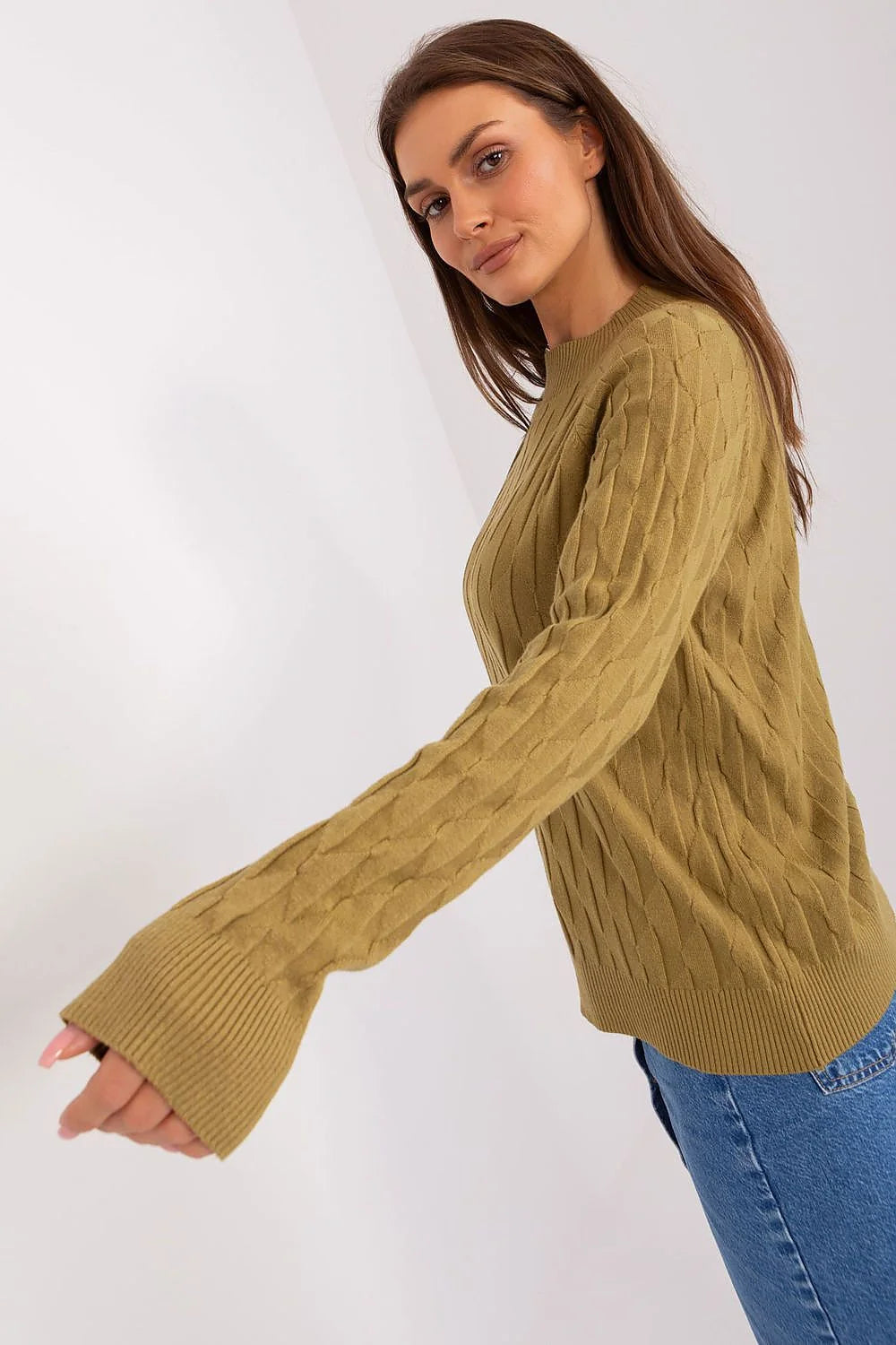 Pull femme élégant kaki motif losanges manches longues col rond coton laine style intemporel confort