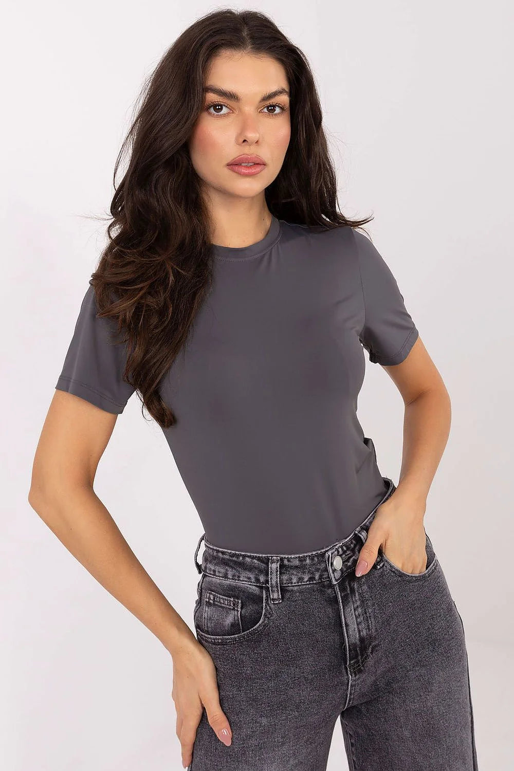 chemisier femme slim gris anthracite col rond manches courtes jersey extensible polyamide élasthanne lisse