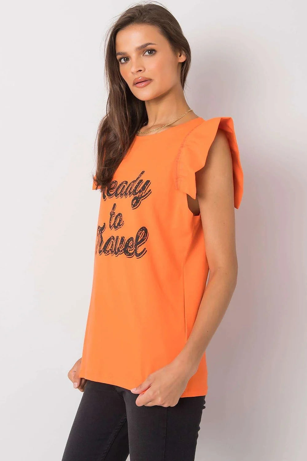 Top mode femme sans manches en coton graphique Ready to Travel ruffle neckline pastel yellow casual chic