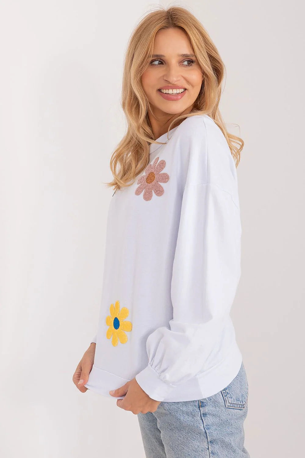 sweatshirt femme décontracté motif floral multicolore coton respirant manches longues coupe ample col rond poignets bordés appliqués fleurs doux