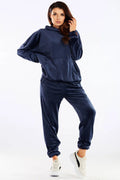 Ensemble survêtement femme velours bleu marine confortable décontracté capuche poche kangourou jogger sport élégant