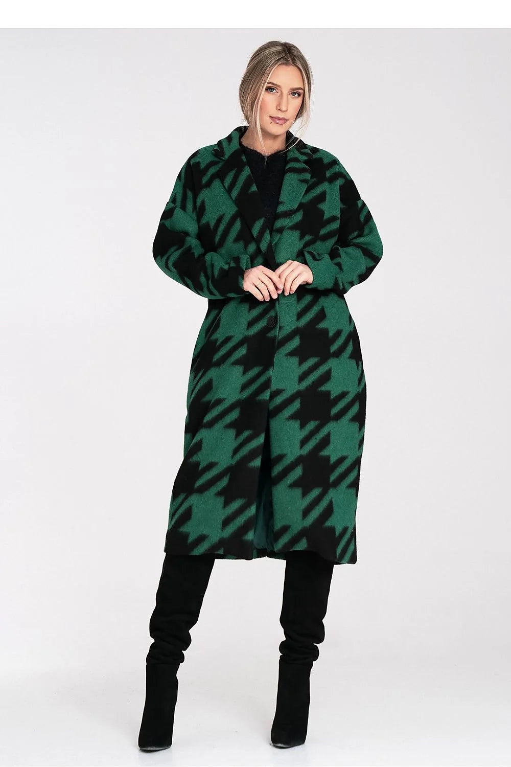 manteau long femme oversize pieddepoule vert noir tissu épais laineux col tailleur large manches longues coupe droite ample chaud hiver