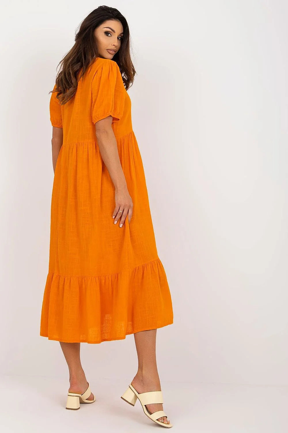 Robe de jour Och Bella couleur orange vif coton 100% style bohème-chic manches courtes en V femme été