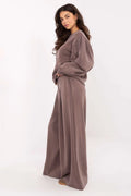 sweatshirt femme oversize manches bouffantes col rond douceur drapé fluide taupe mauve palazzo pantalon taille haute ourlet long élégant décontracté