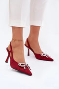 escarpins femme bordeaux satin bout pointu talon aiguille bride arrière nœud bijou perles zircons scintillants semelle fine silhouette allongeante élégante