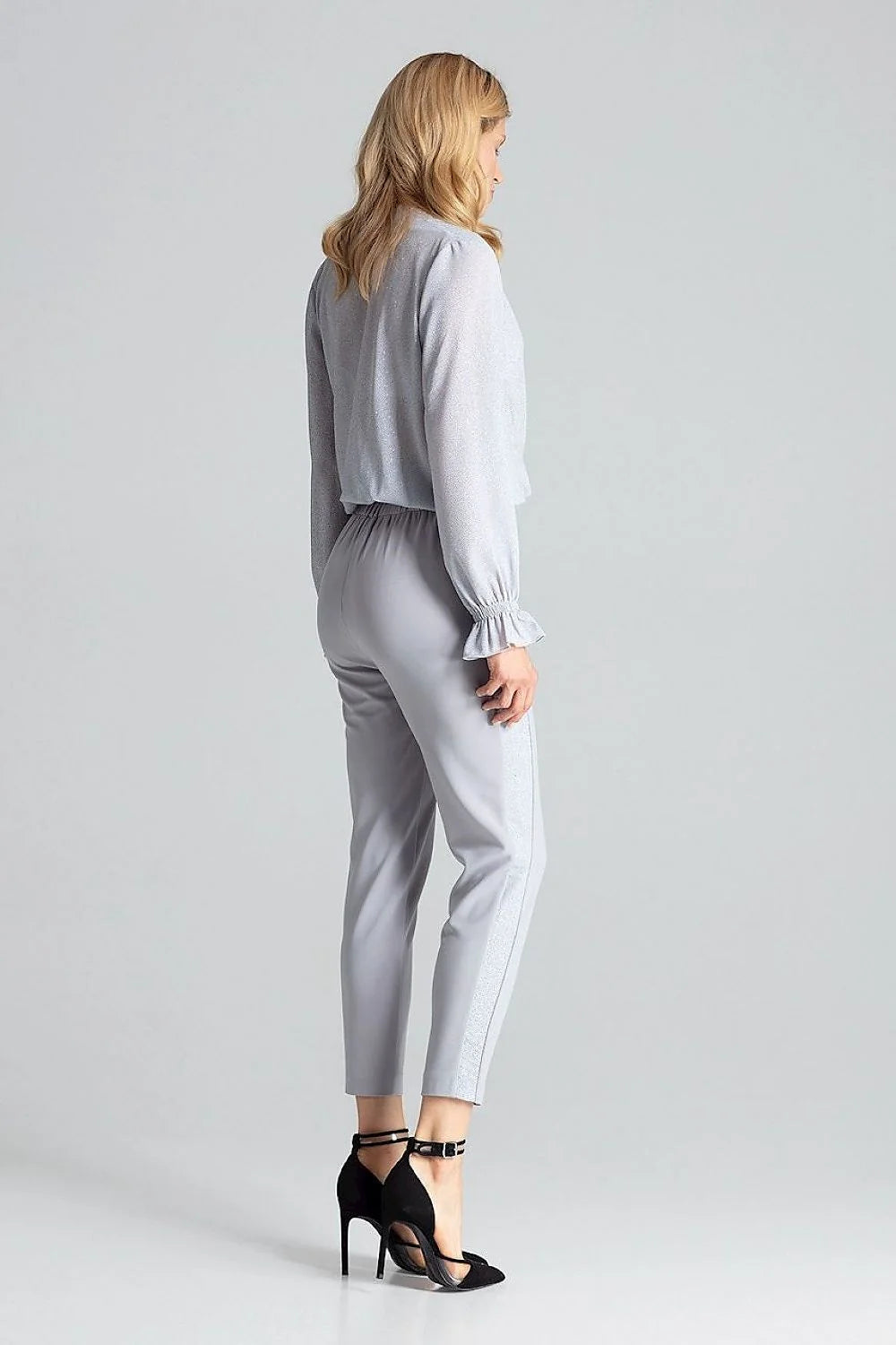 Pantalon femme noir brocart taille haute élasthanne polyester élégant fuselé semi-formel chic et confortable