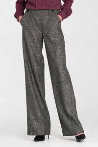 pantalon femme taille haute coupe large longueur sol gris chiné tweed plis devant poches latérales ceinture boutons décoratifs taille élastiquée