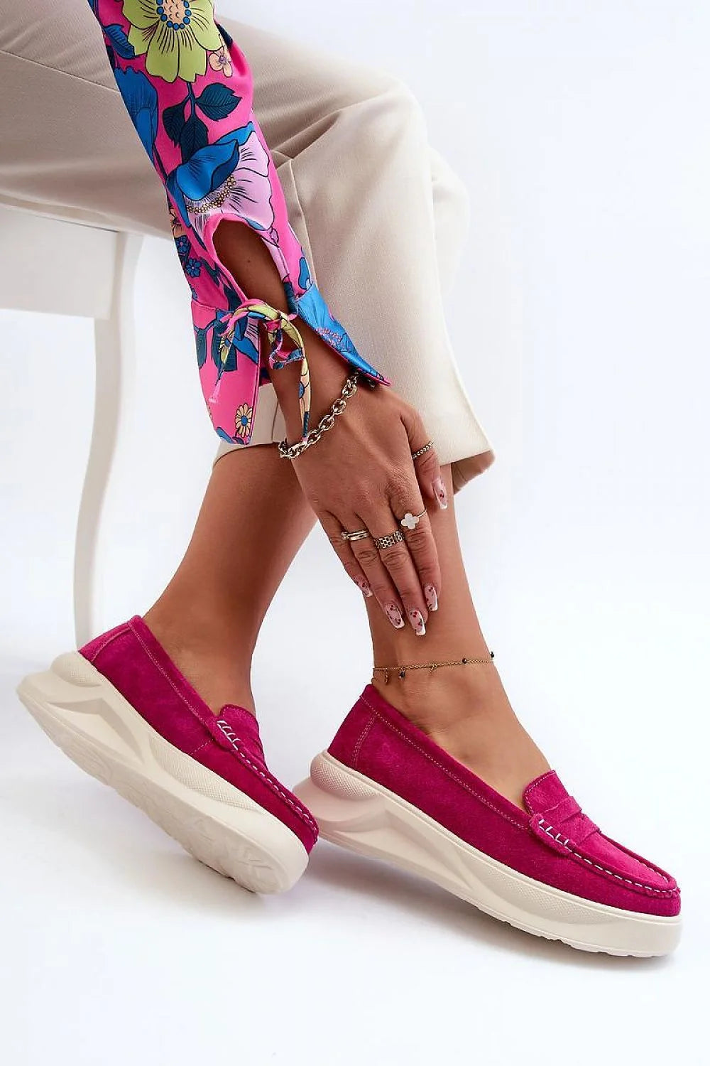Mocassins pour femme en daim naturel style classique plateforme talon 6 cm couleur rose fuchsia