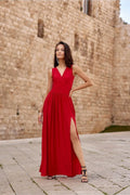 Robe longue élégante sans manches couleur rouge vif en tissu scintillant fente haute dos ajustable pour femme