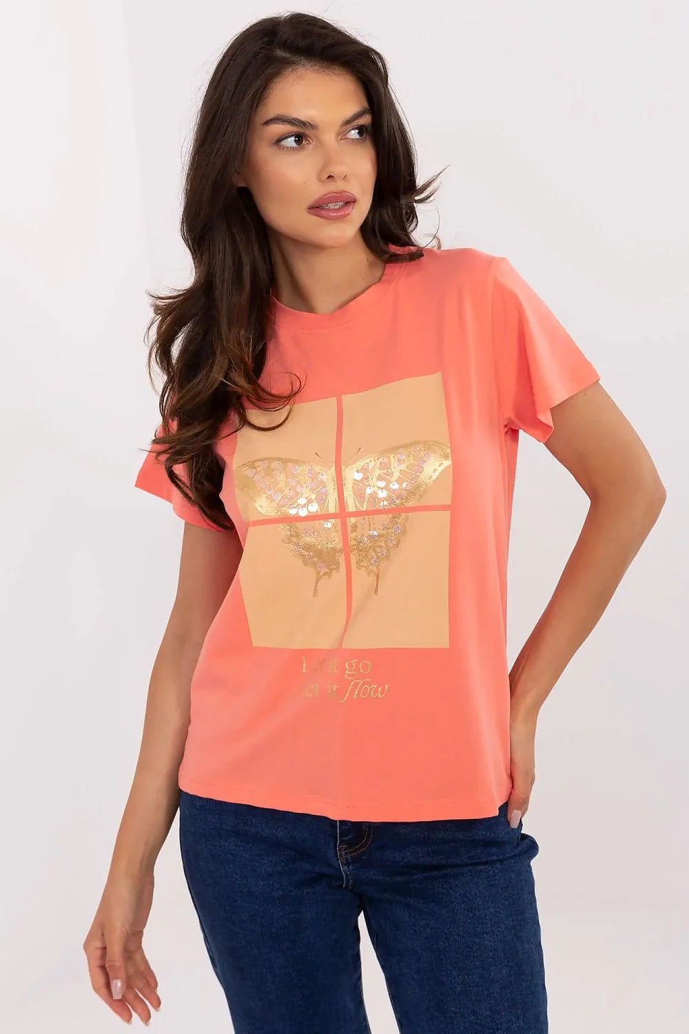 T-shirt femme mode été 2023 couleur corail motif papillon doré manches courtes en coton léger respirant coupe classique