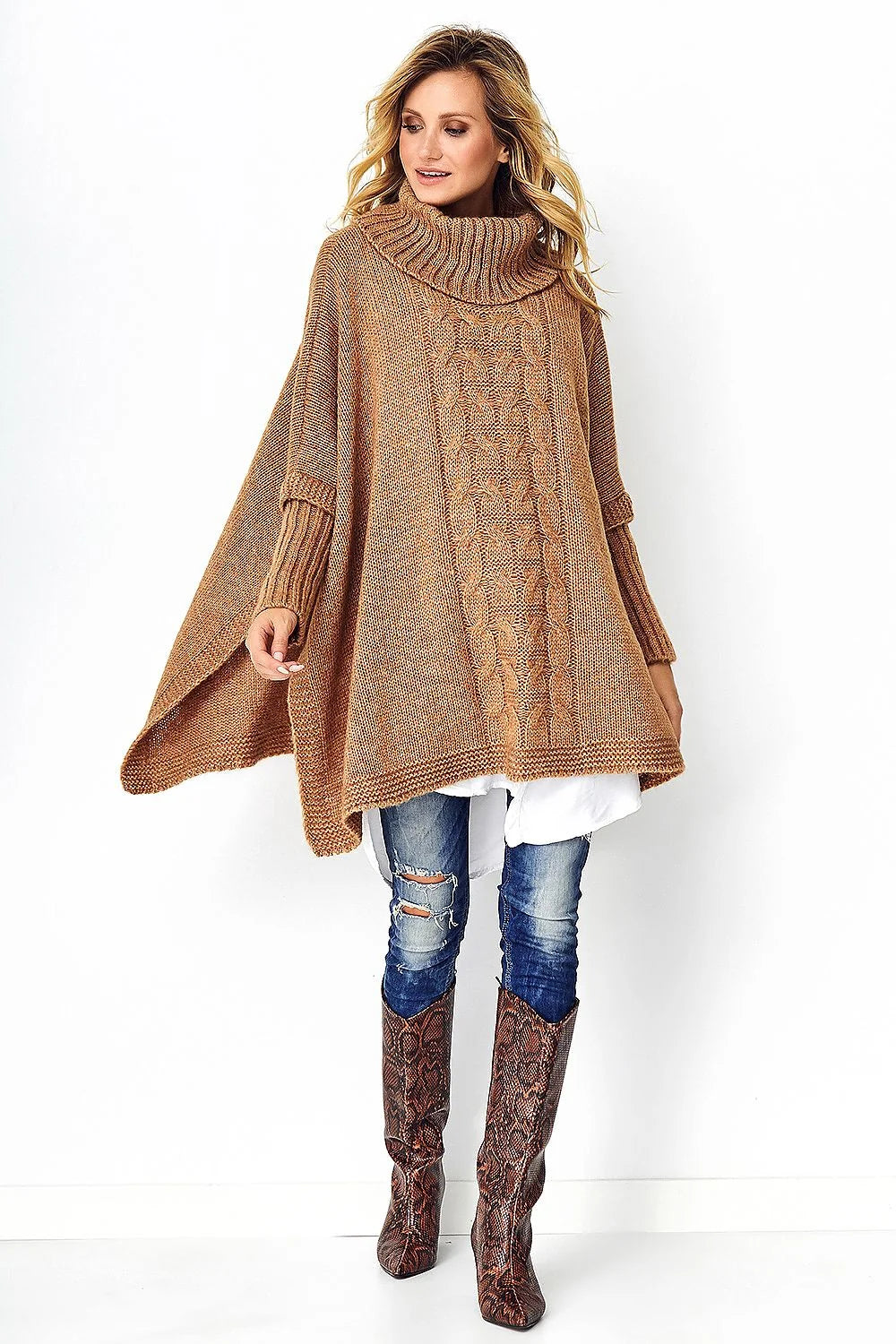 Poncho Makadamia pour femme, design moderne et élégant, tricot laine, manches larges, col roulé, automne-hiver, vêtement confortable et stylé