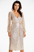 robe soirée longue midi pailletée sequins dorée scintillante manches bouffantes polyester élasthanne ceinture fine ajustable cintrée glamour festive mariage gala