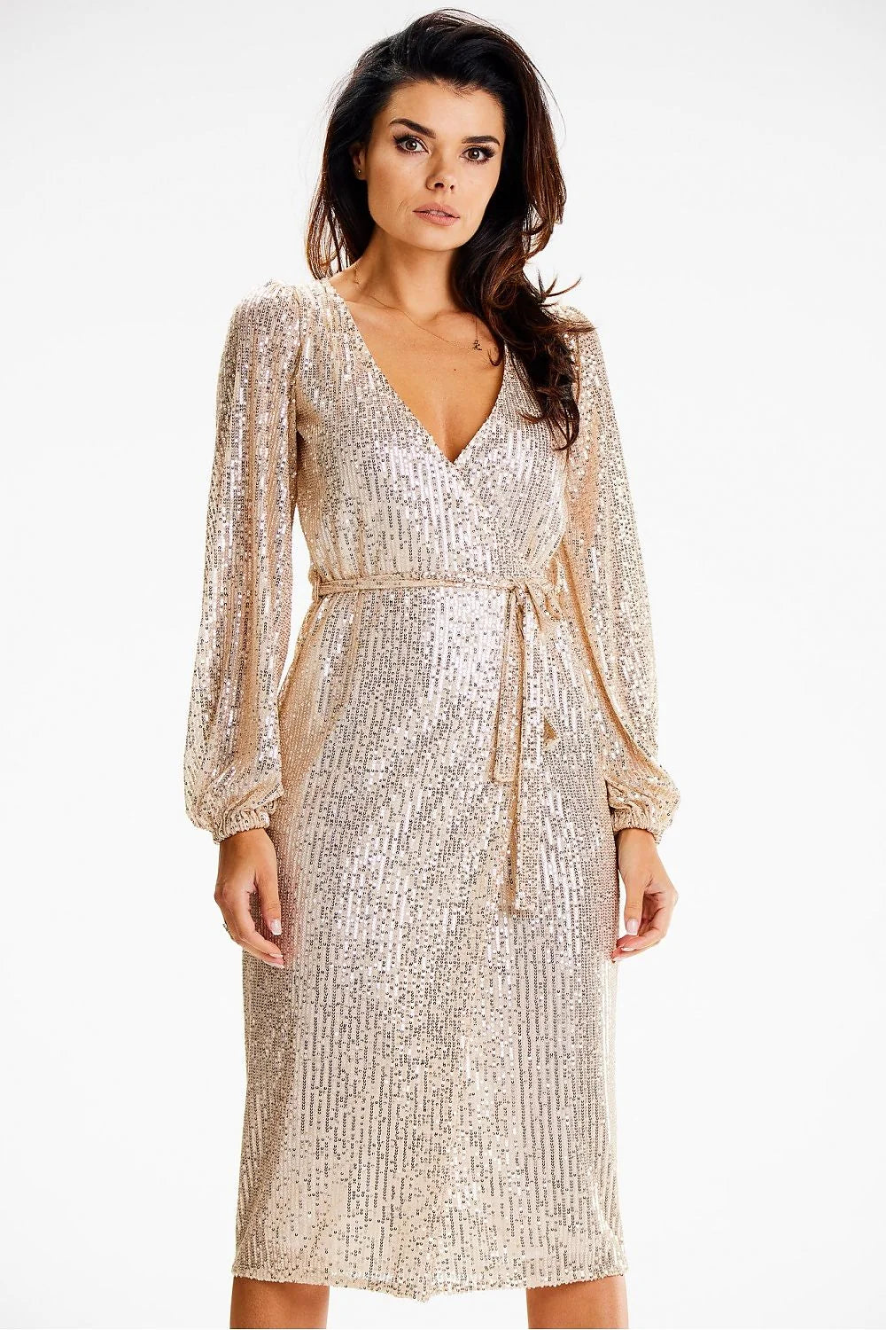 robe soirée longue midi pailletée sequins dorée scintillante manches bouffantes polyester élasthanne ceinture fine ajustable cintrée glamour festive mariage gala