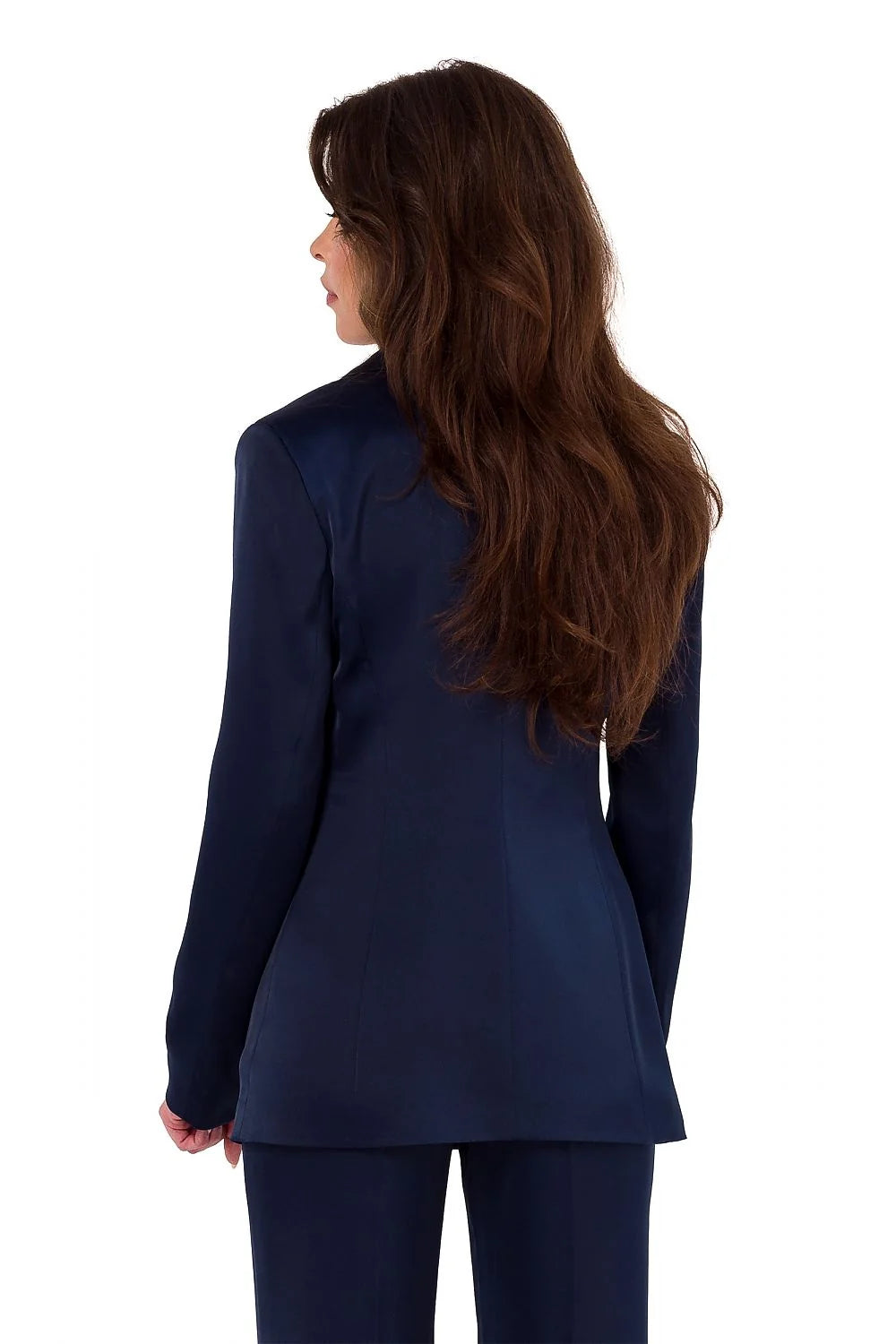Tailleur-pantalon femme bleu marine élégant coupe ajustée col à revers cranté bouton doré高品質ポーランド製