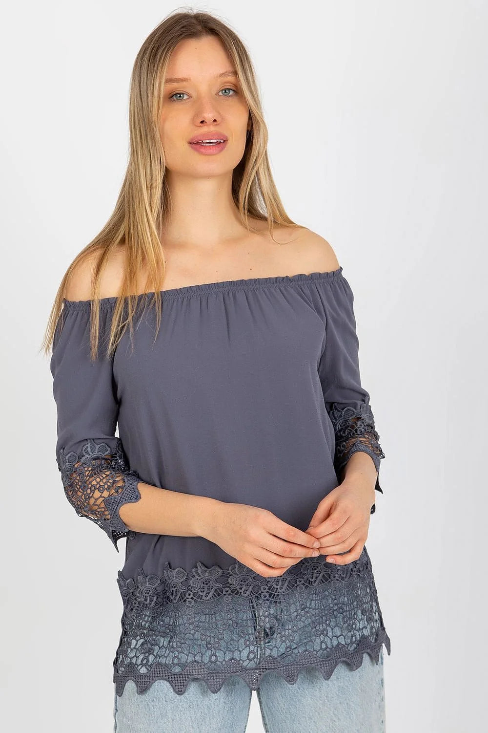 chemisier femme élégant décolleté espagnol épaules exposées manches troisquarts dentelle florale gris foncé coton élasthanne polyester léger respirant ample estival