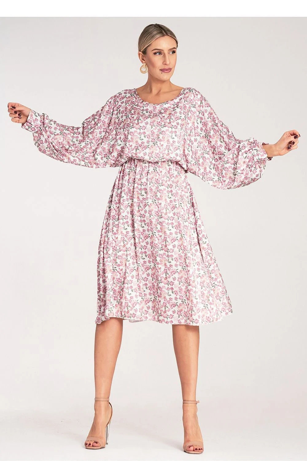 Robe de jour floral midi kimono longues manches amples tissu fluide stretch femme