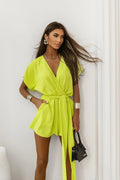 Combinaison La Balancia style moderne estival manches courtes amples décolleté V croisé ceinture ajustable couleur vert néon polyester coton femmes