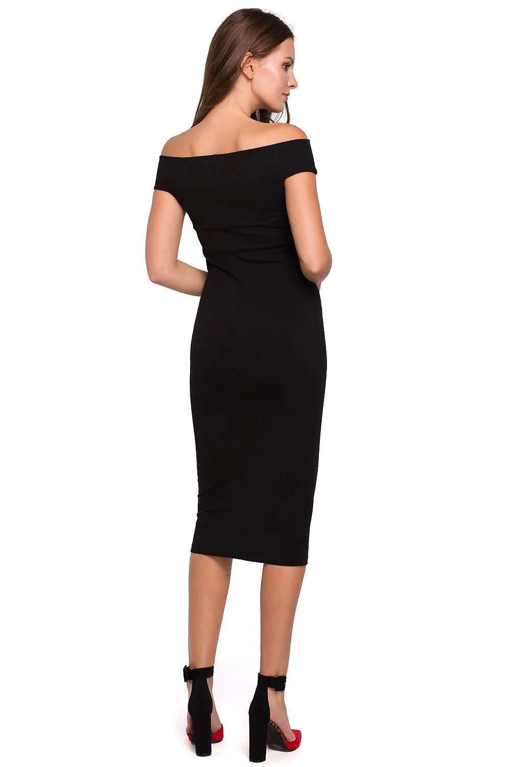robe midi fourreau bodycon jersey stretch marron foncé bardot épaules dénudées coupe crayon ajustée mi mollet élégante sophistiquée confortable extensible
