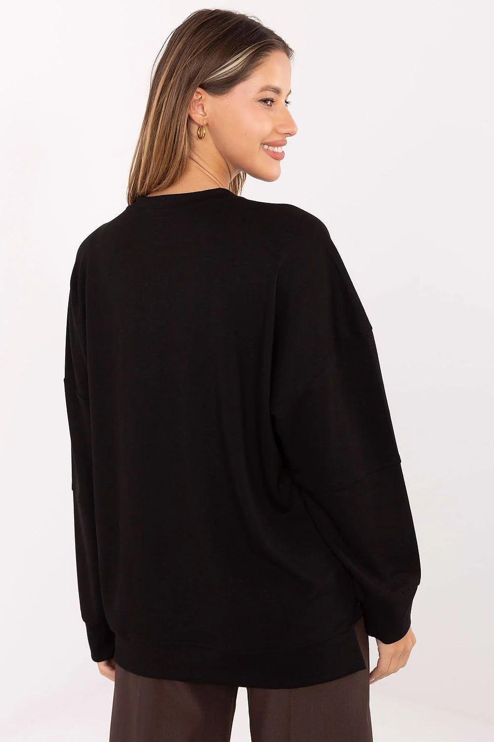 sweatshirt femme oversize noir col rond molletonné doux douillet viscose élasthanne coupe droite épaules tombantes manches longues ourlet fendu