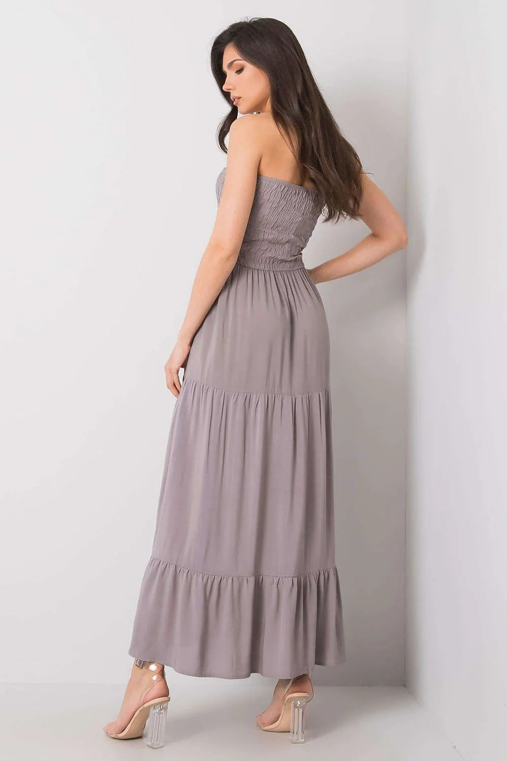 Robe de jour Fresh Made longue sans bretelles floral noir blanc rose clair élastique volants femme été