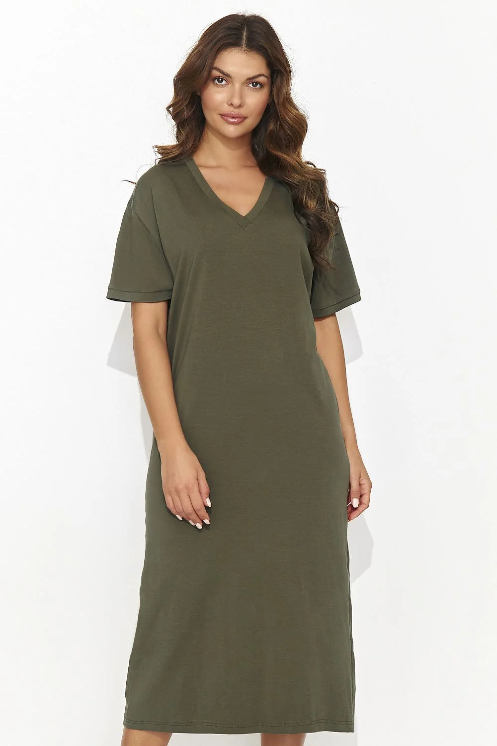 Robe de jour Numinou pour femme en maille vert olive style décontracté manches courtes encolure V fente dos