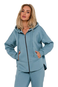 Sweatshirt Moe pour femmes en maille bleu-gris doux fermeture éclair poches kangourou capuche manches longues