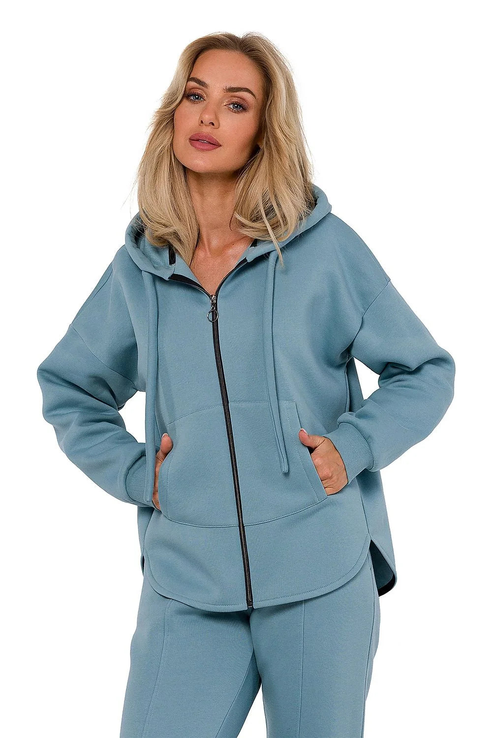 Sweatshirt Moe pour femmes en maille bleu-gris doux fermeture éclair poches kangourou capuche manches longues