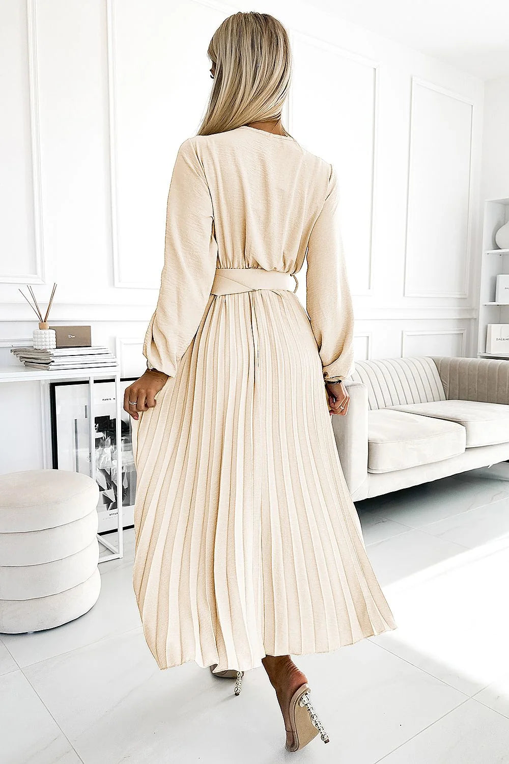 Robe de cocktail élégante longue manches longues décolleté en V beige clair ceinture ajustable polyester femme